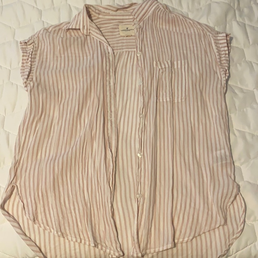 American Eagle pink & white striped button up